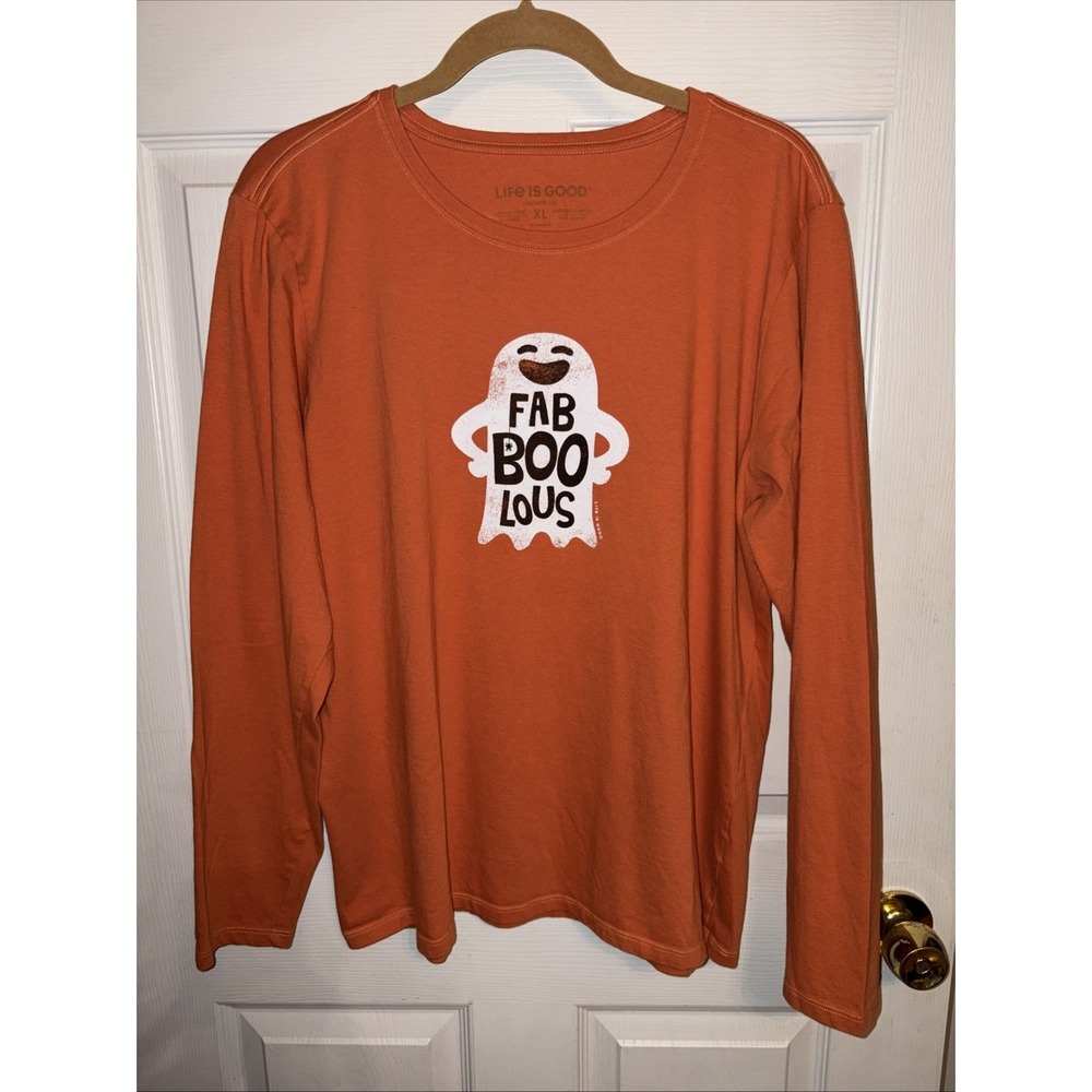 Life is Good Women's XL Orange Fab-Boo-Lous Ghost Halloween Crusher Tee LS